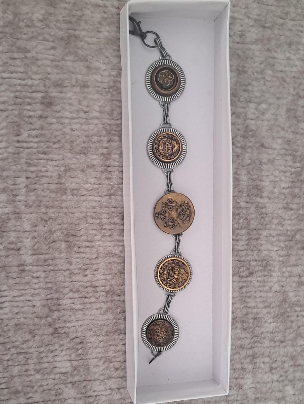 Vintage Handmade Button Mixed Metal Link Bracelet - Gold & Silver Tones